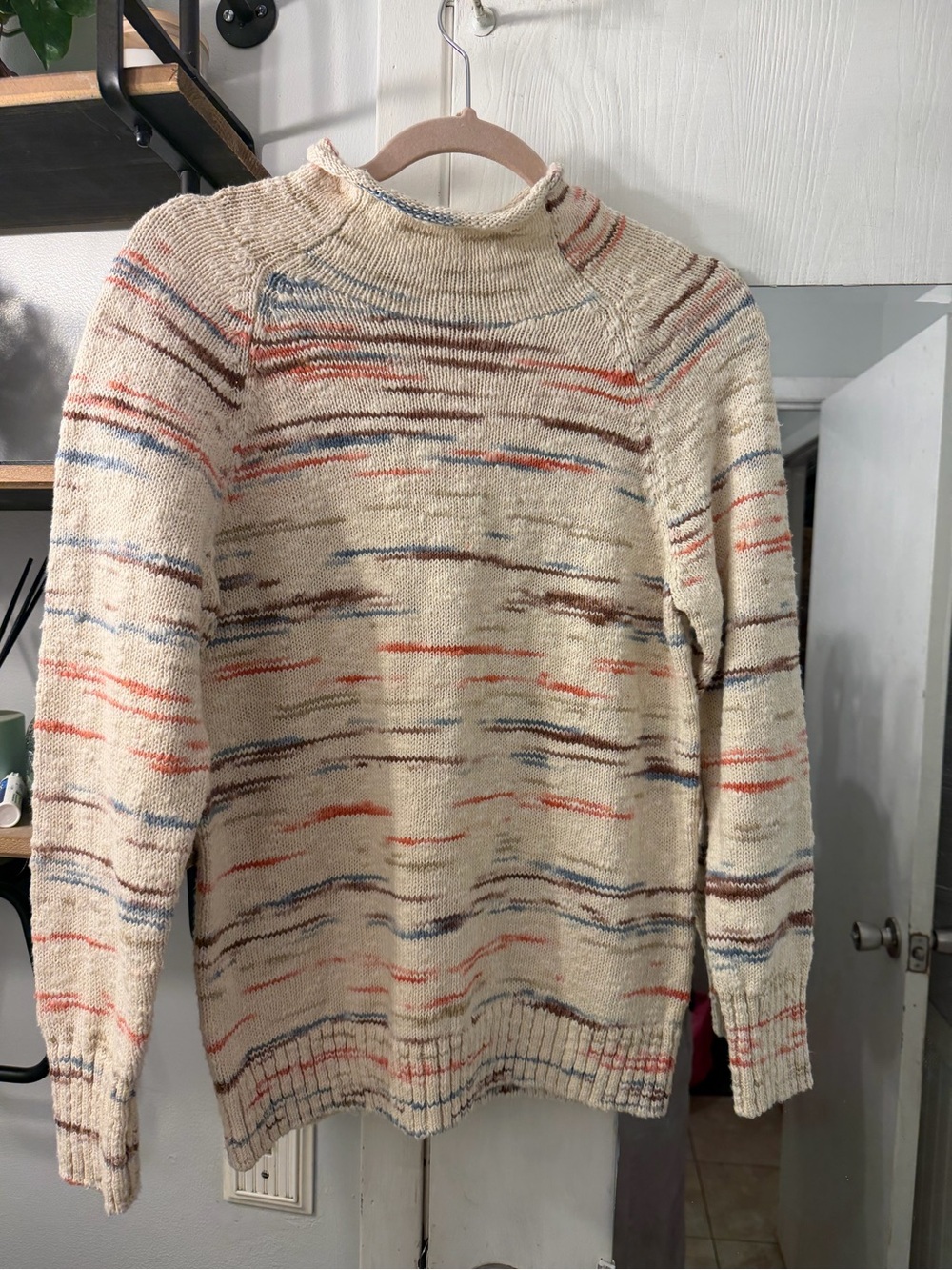 L.L. Bean Cream Knit Rolly Neck Sweater with Blue, Brown and Orange Accents